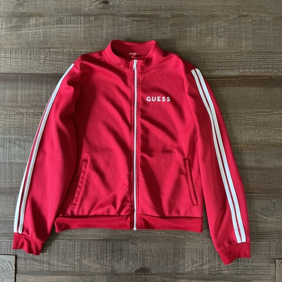 Guess Bold Red Zip-Up Track Jacket White Striped Sleeves - Picture 1 of 5